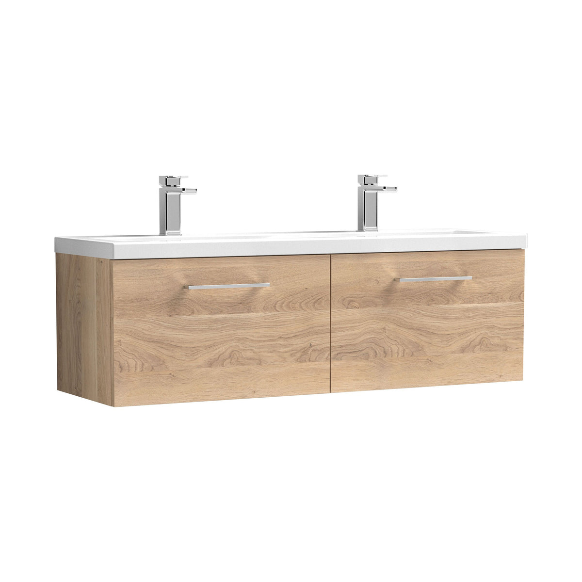 Modern Splash 1200mm Bleached Oak 2 Drawer Wall Hung Vanity Unit With 2 Tap Hole Ceramic Basin