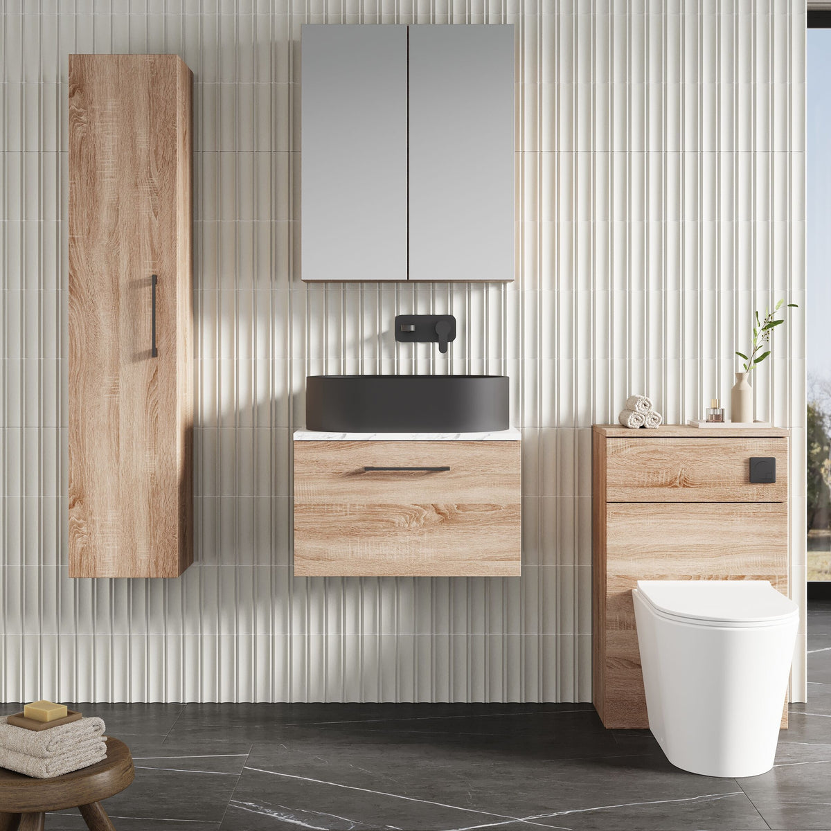 Modern Splash 600mm Bleached Oak 1 Drawer Wall Hung Vanity Unit With Carrara Laminate Worktop