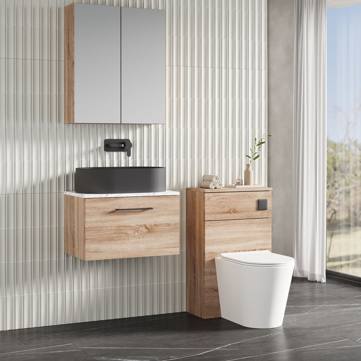 Modern Splash 600mm Bleached Oak 1 Drawer Wall Hung Vanity Unit With Carrara Laminate Worktop