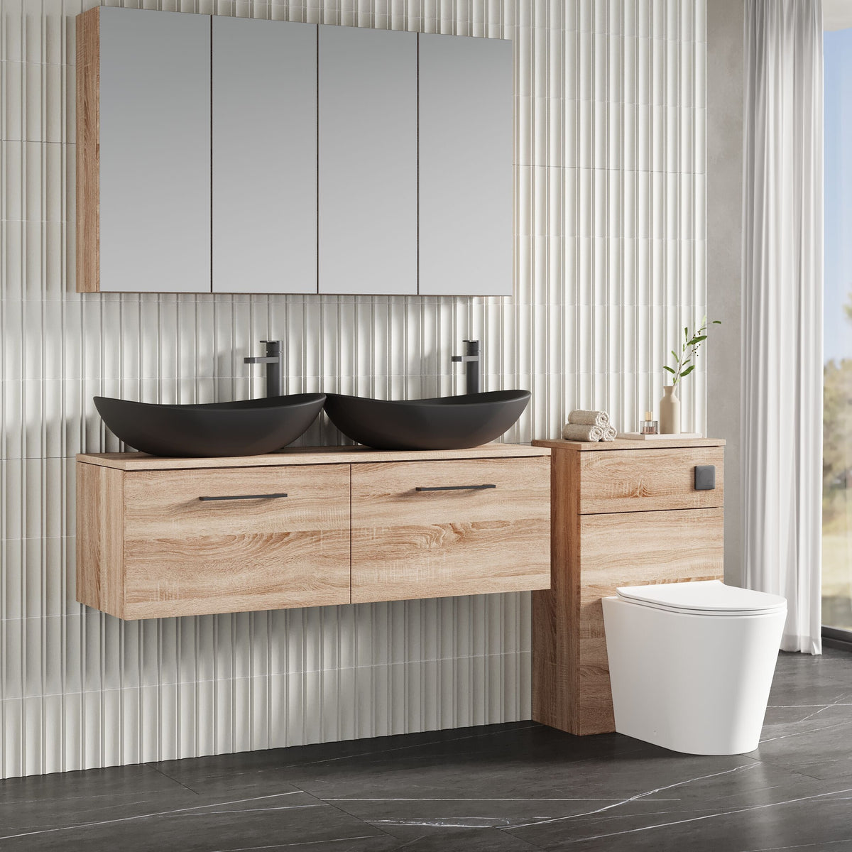 Modern Splash 1200mm Bleached Oak 2 Drawer Wall Hung Vanity Unit With Co-ordinating Worktop