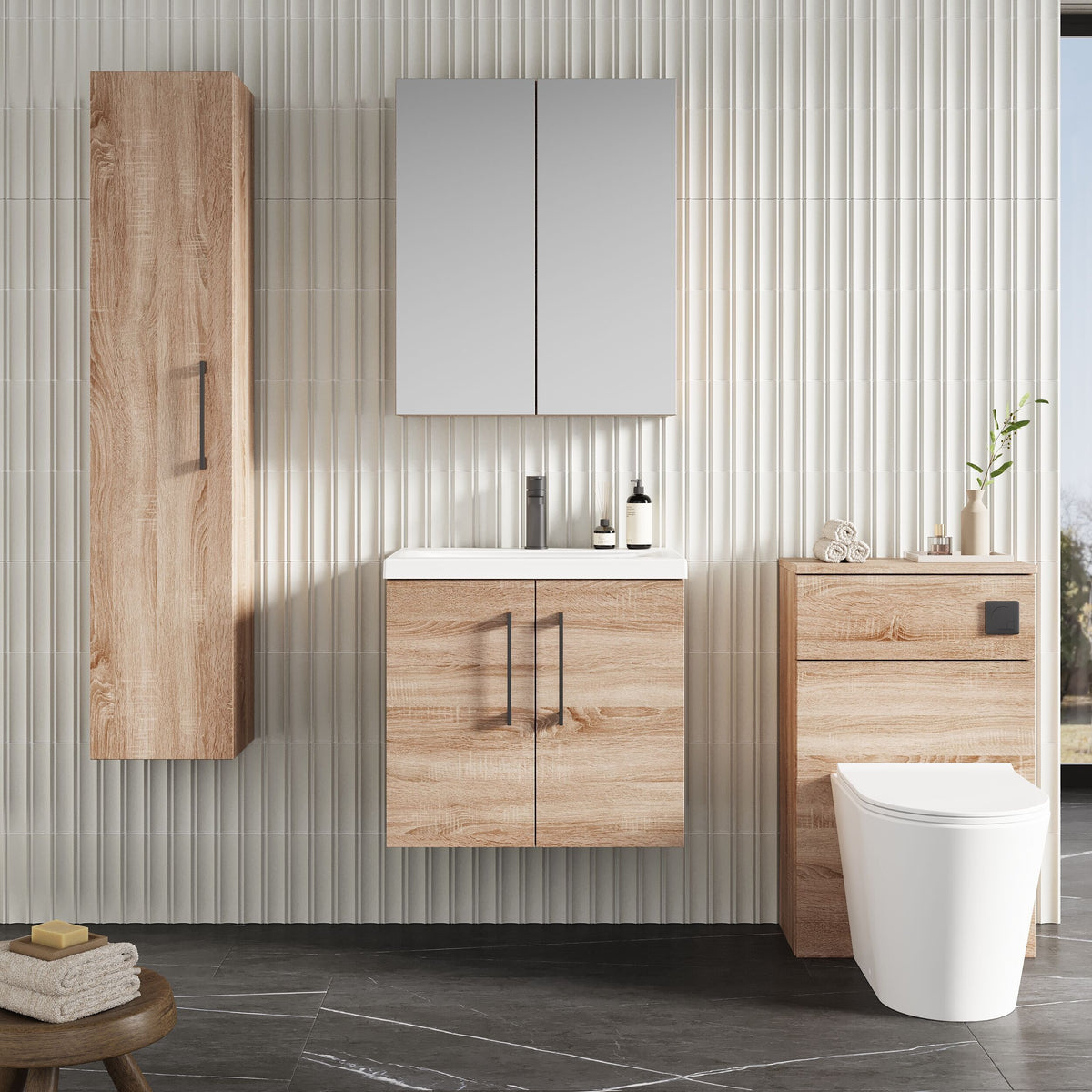 Modern Splash 600mm Bleached Oak 2 Door Wall Hung Vanity Unit With Mid-Edge Basin