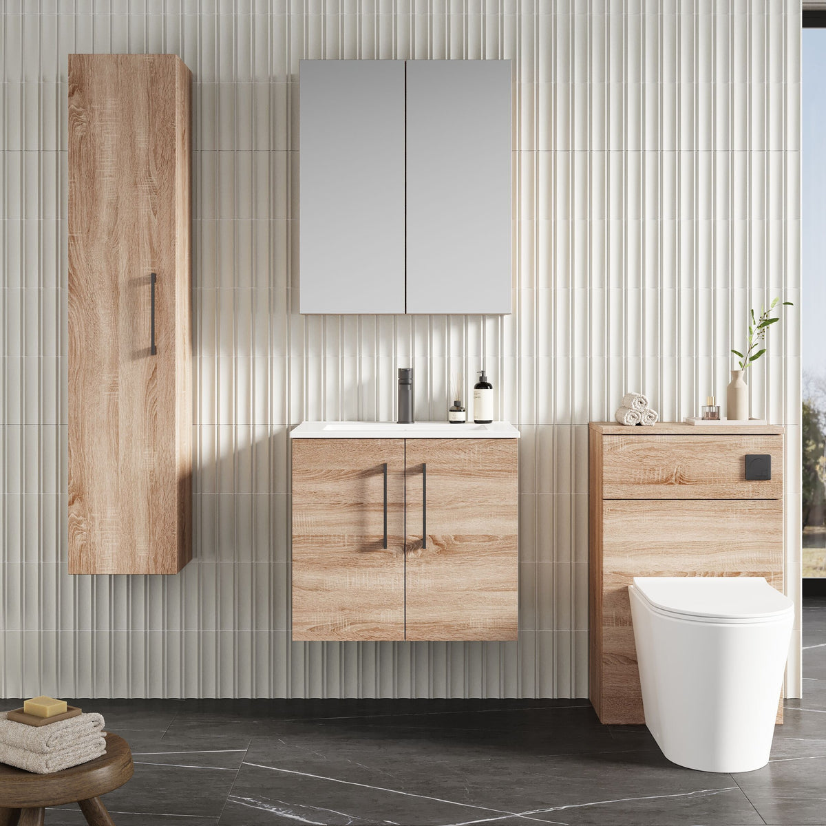Modern Splash 600mm Bleached Oak 2 Door Wall Hung Vanity Unit With Minimalist Basin