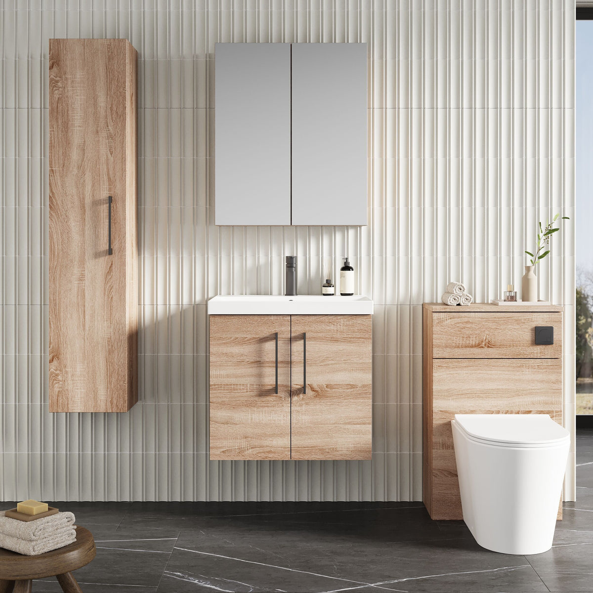 Modern Splash 600mm Bleached Oak 2 Door Wall Hung Vanity Unit With Thin Edge Basin