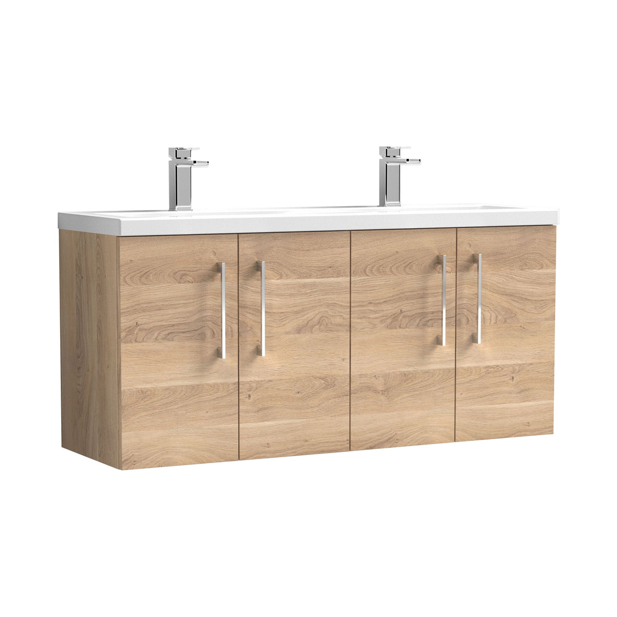 Modern Splash 1200mm Bleached Oak 4 Door Wall Hung Vanity Unit With 2 Tap Hole Ceramic Basin
