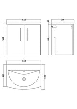 Modern Splash 600mm Bleached Oak 2 Door Wall Hung Vanity Unit With Curved Basin
