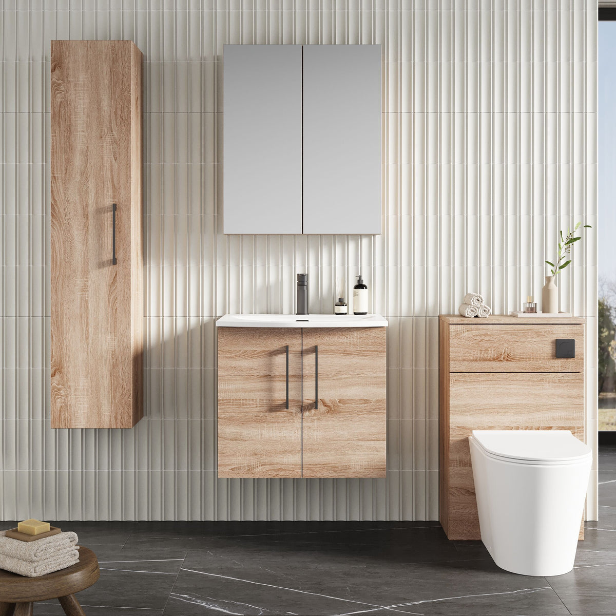 Modern Splash 600mm Bleached Oak 2 Door Wall Hung Vanity Unit With Curved Basin