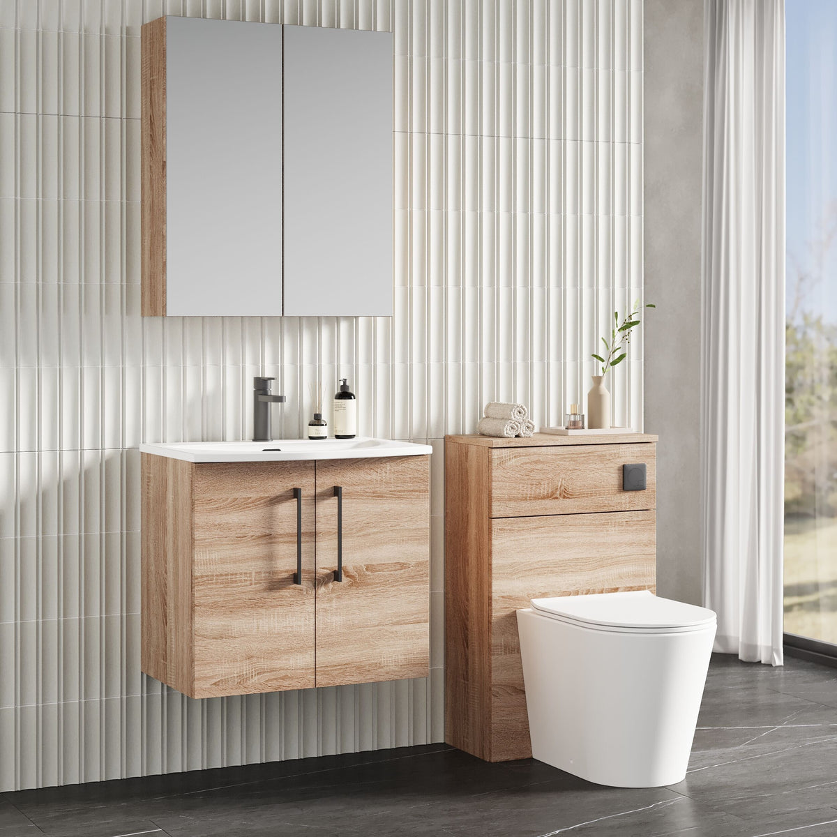 Modern Splash 600mm Bleached Oak 2 Door Wall Hung Vanity Unit With Curved Basin
