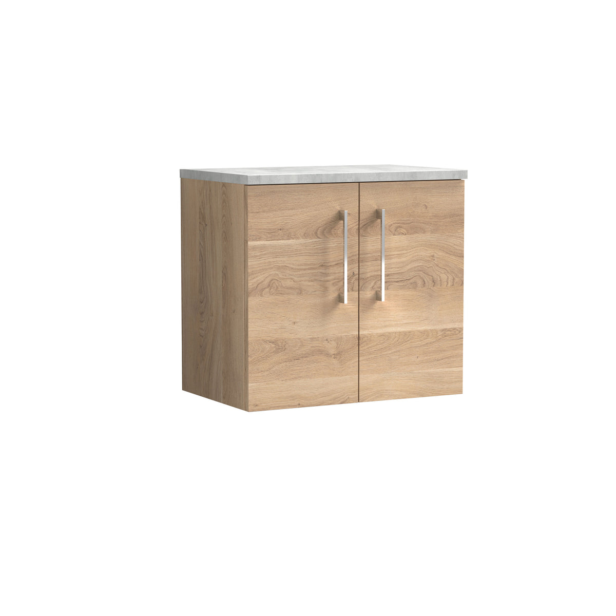 Modern Splash 600mm Bleached Oak 2 Door Wall Hung Vanity Unit With Bellato Grey Worktop