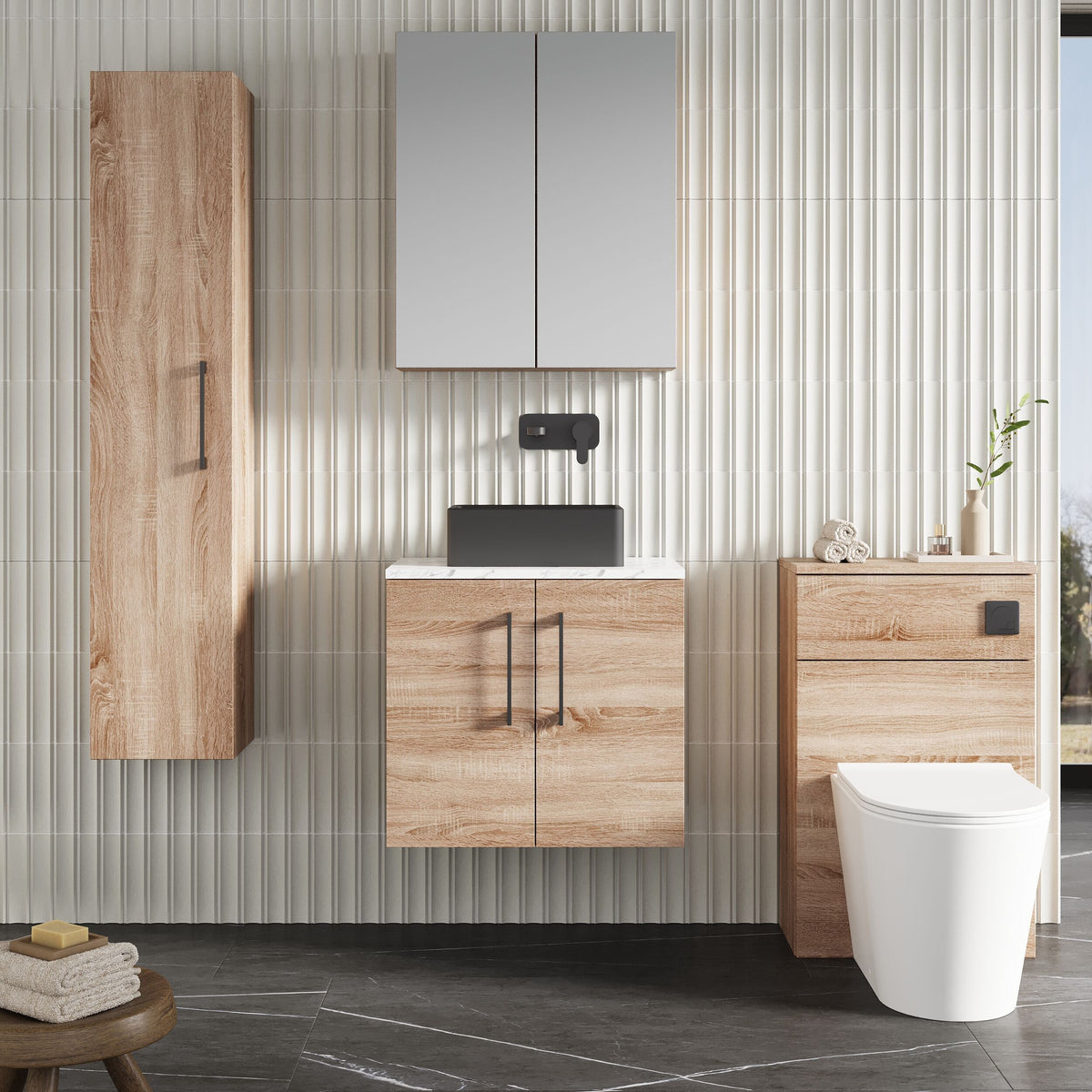 Modern Splash 600mm Bleached Oak 2 Door Wall Hung Vanity Unit With Carrara Laminate Worktop