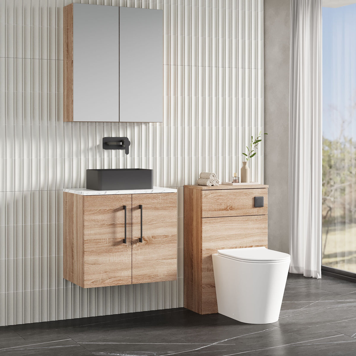 Modern Splash 600mm Bleached Oak 2 Door Wall Hung Vanity Unit With Carrara Laminate Worktop
