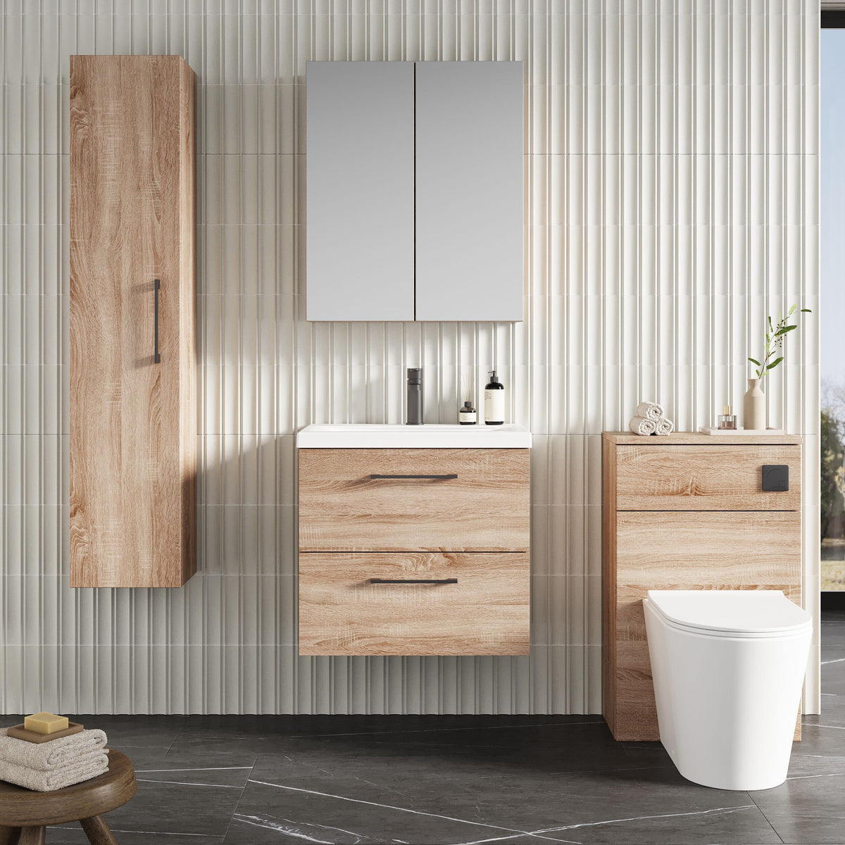 Modern Splash 600mm Bleached Oak 2 Drawer Wall Hung Vanity Unit With Mid-Edge Basin