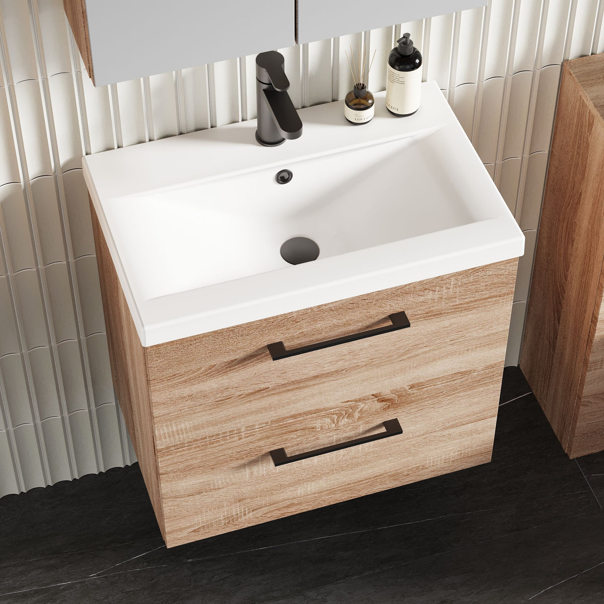Modern Splash 600mm Bleached Oak 2 Drawer Wall Hung Vanity Unit With Mid-Edge Basin