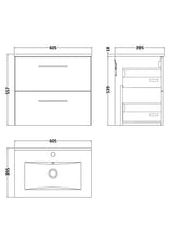 Modern Splash 600mm Bleached Oak 2 Drawer Wall Hung Vanity Unit With Minimalist Basin