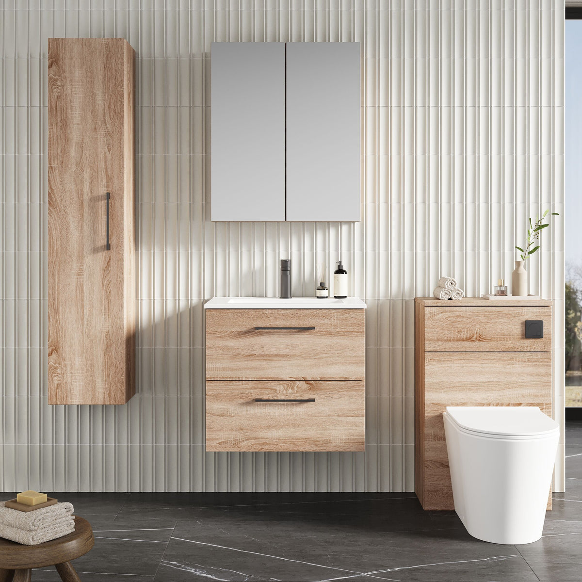 Modern Splash 600mm Bleached Oak 2 Drawer Wall Hung Vanity Unit With Minimalist Basin