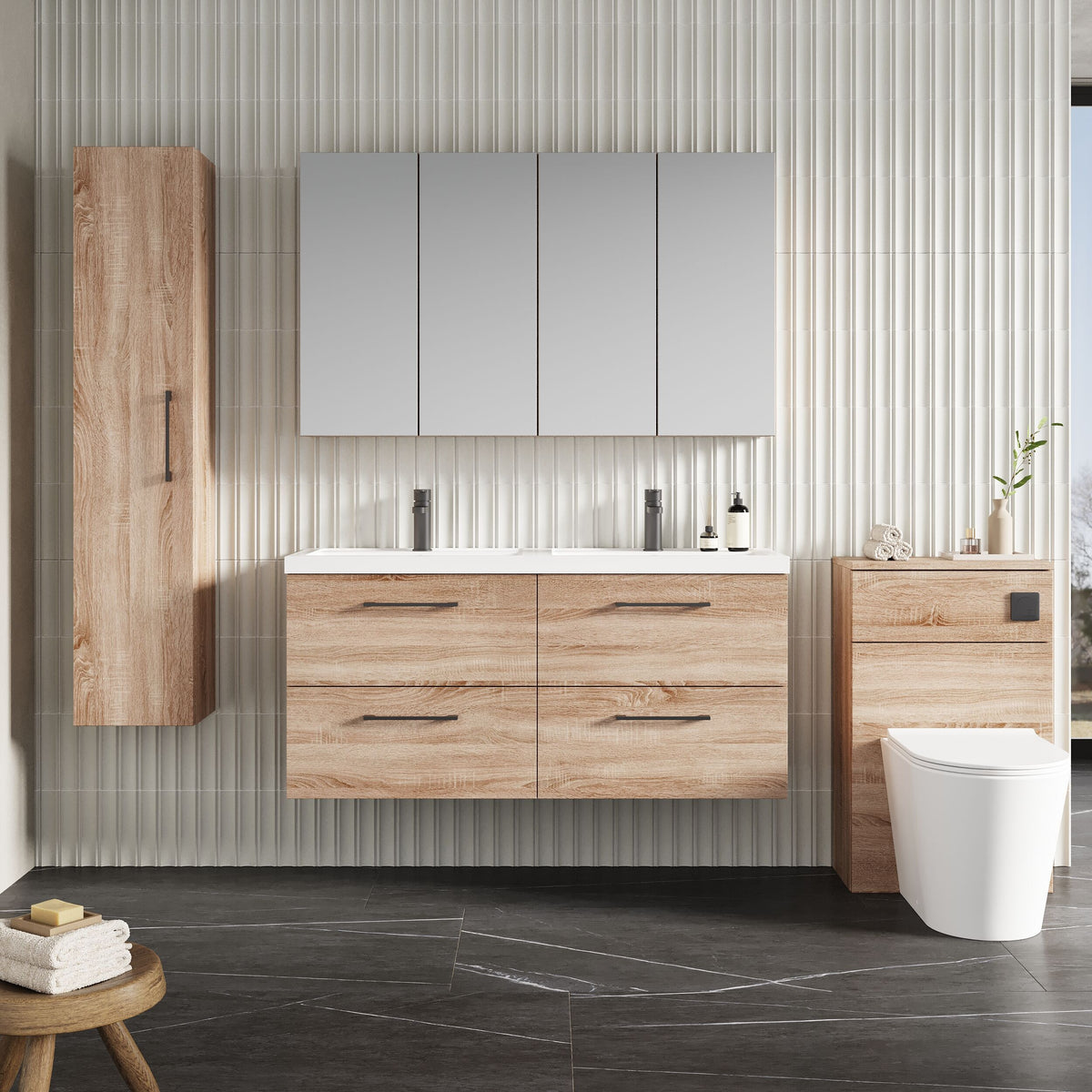Modern Splash 1200mm Bleached Oak 4 Drawer Wall Hung Vanity Unit With 2 Tap Hole Polymarble basin