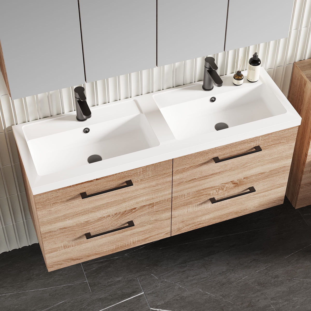Modern Splash 1200mm Bleached Oak 4 Drawer Wall Hung Vanity Unit With 2 Tap Hole Polymarble basin