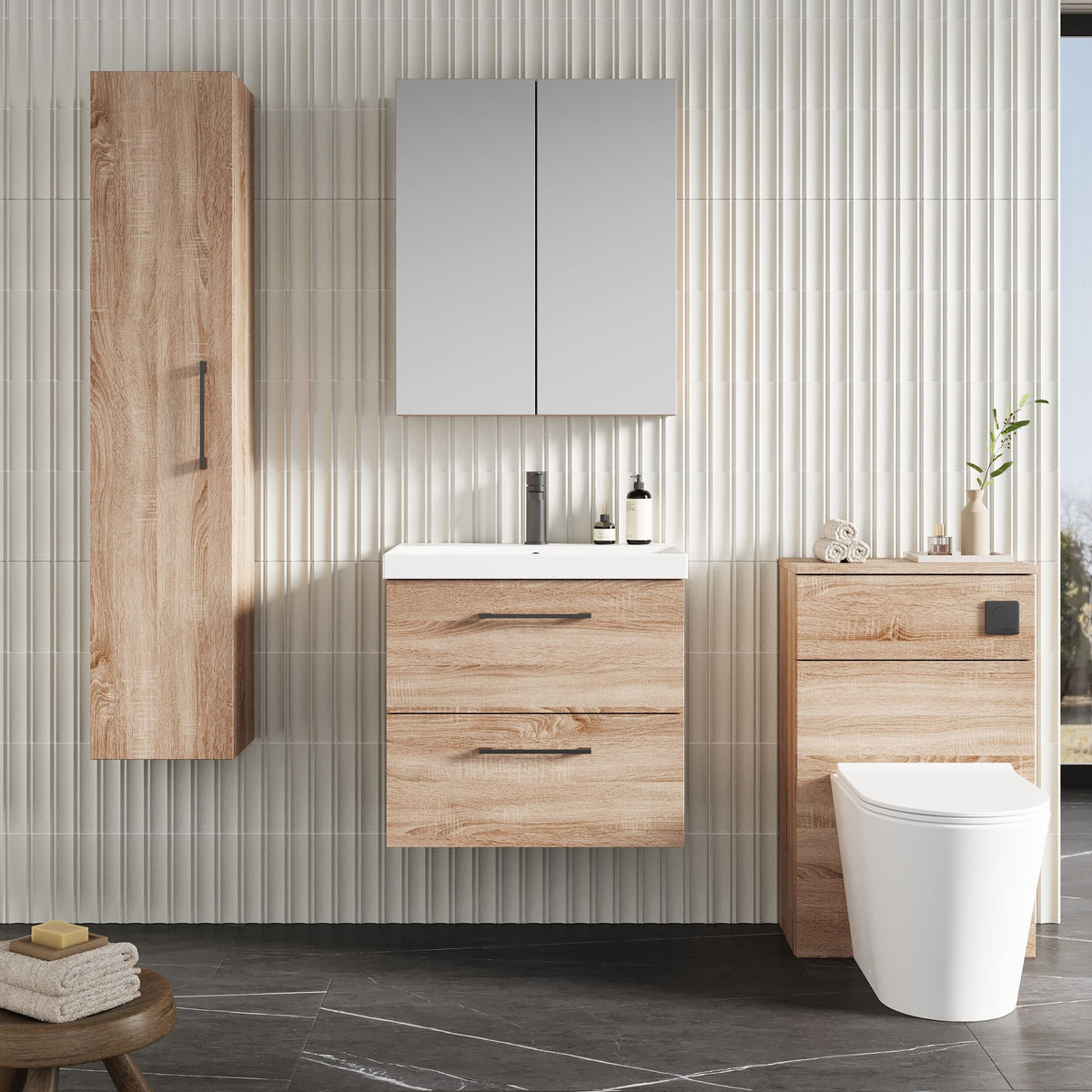Modern Splash 600mm Bleached Oak 2 Drawer Wall Hung Vanity Unit With Thin Edge Basin