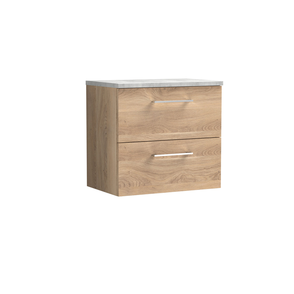 Modern Splash 600mm Bleached Oak 2 Drawer Wall Hung Vanity Unit With Bellato Grey Worktop