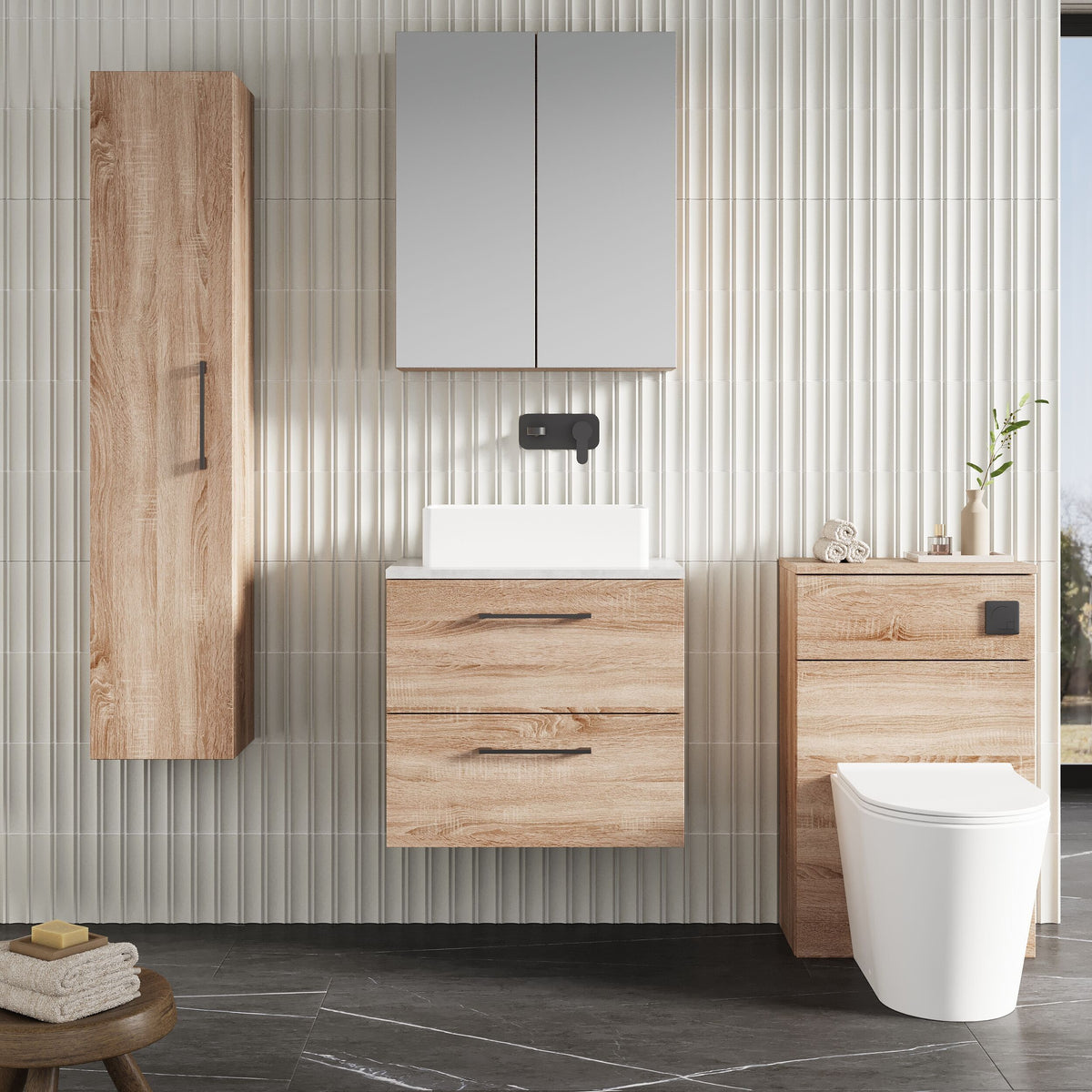 Modern Splash 600mm Bleached Oak 2 Drawer Wall Hung Vanity Unit With Bellato Grey Worktop