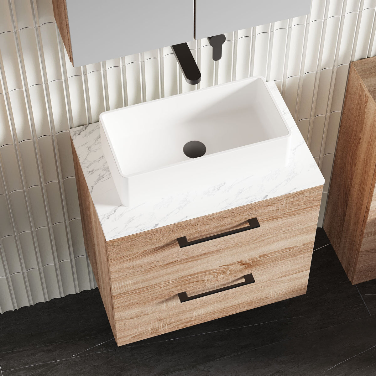 Modern Splash 600mm Bleached Oak 2 Drawer Wall Hung Vanity Unit With Carrara Laminate Worktop
