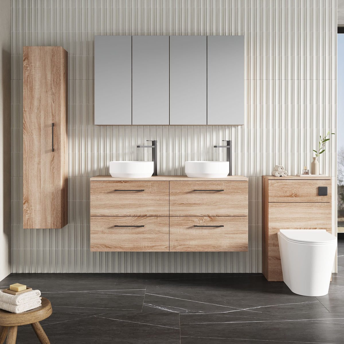 Modern Splash 1200mm Bleached Oak 4 Drawer Wall Hung Vanity Unit With Co-ordinating Worktop