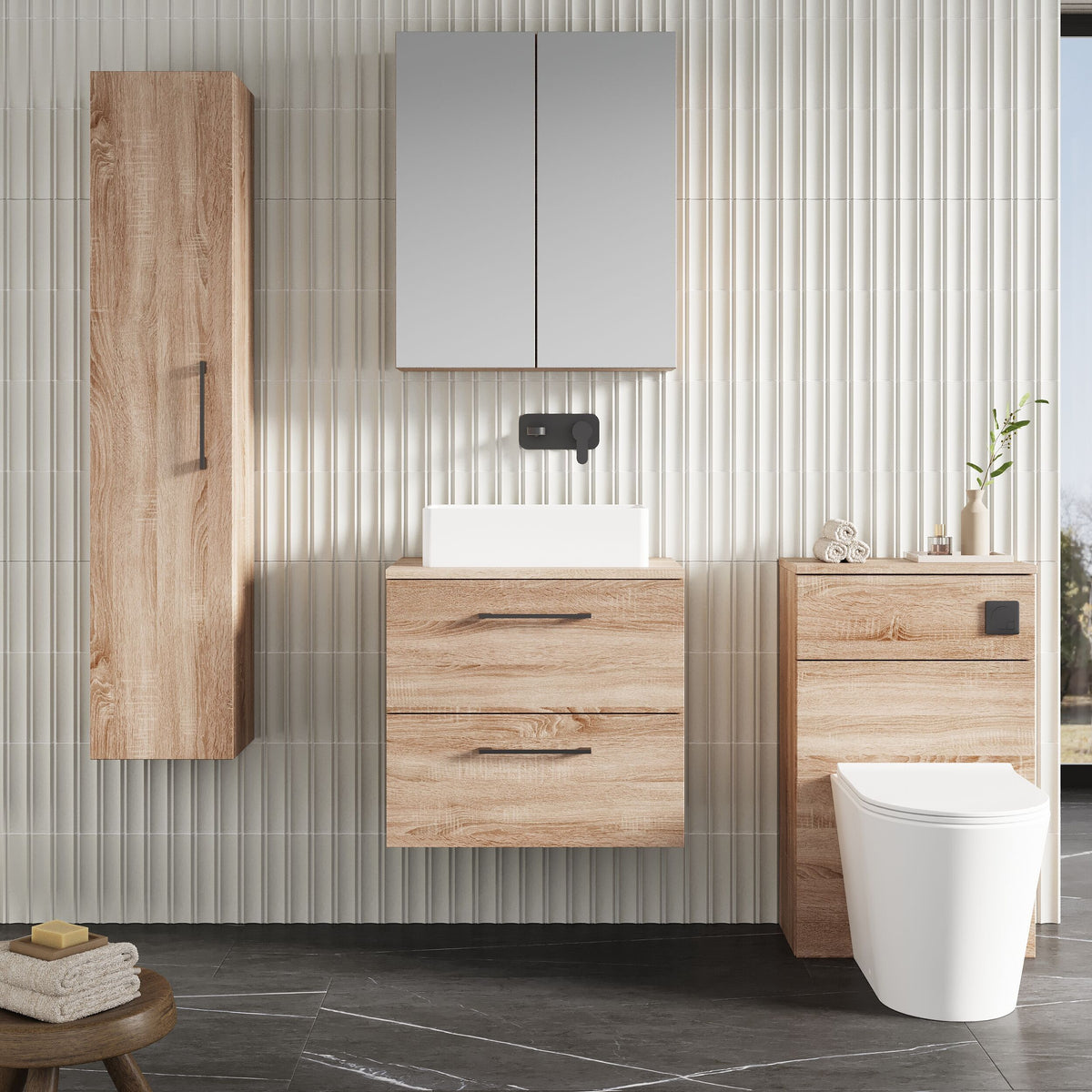 Modern Splash 600mm Bleached Oak 2 Drawer Wall Hung Vanity Unit With Co-ordinating Worktop