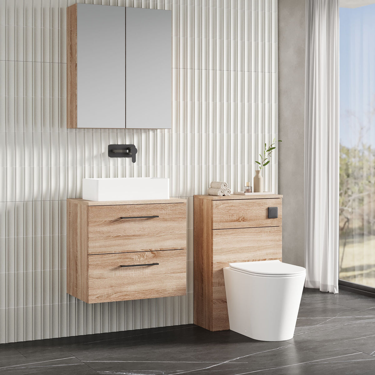 Modern Splash 600mm Bleached Oak 2 Drawer Wall Hung Vanity Unit With Co-ordinating Worktop
