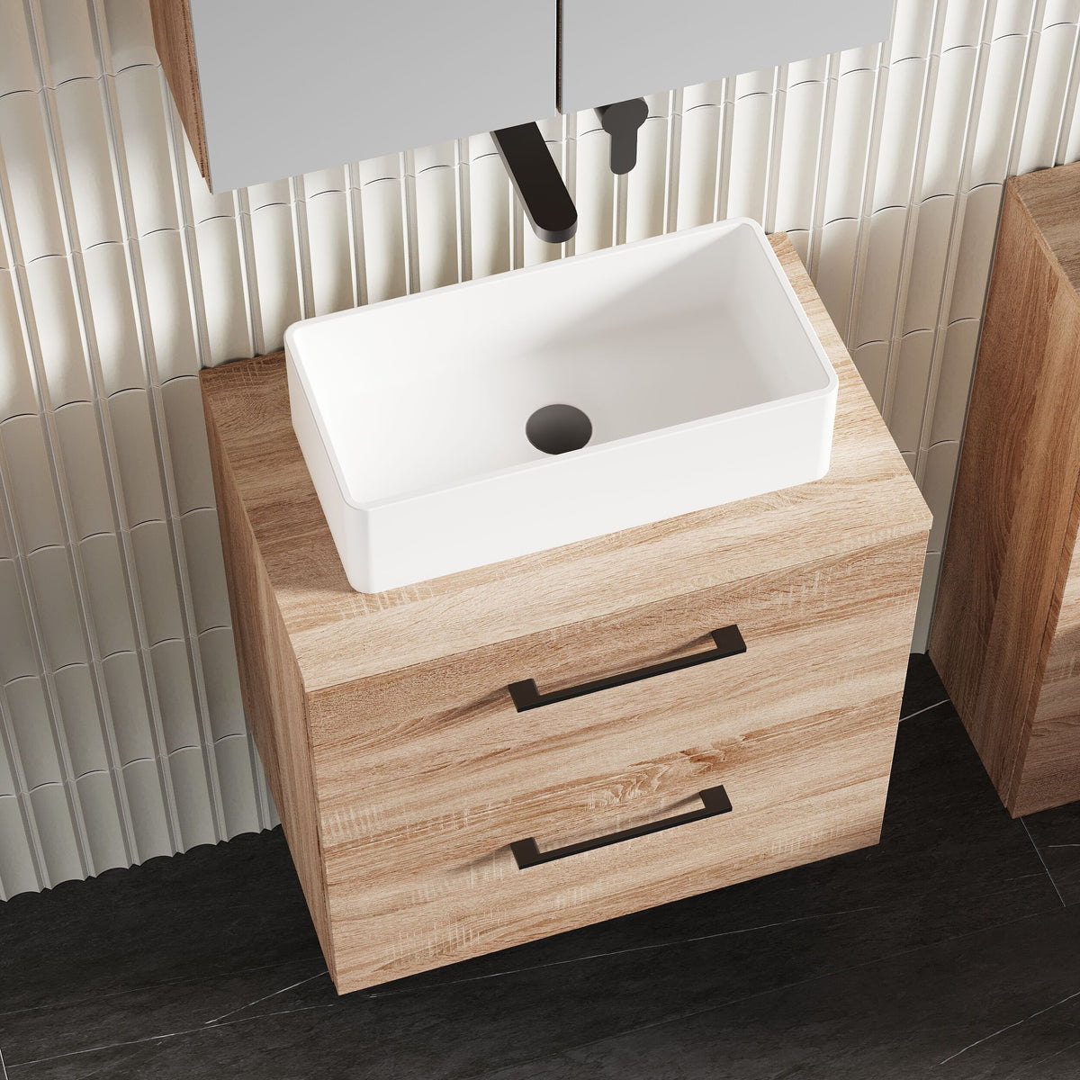 Modern Splash 600mm Bleached Oak 2 Drawer Wall Hung Vanity Unit With Co-ordinating Worktop