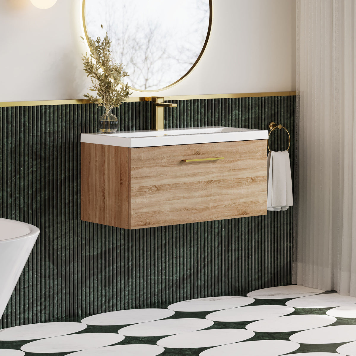 Modern Splash 800mm 1 Drawer Bleached Oak Wall Hung Vanity Unit With Mid-Edge Basin