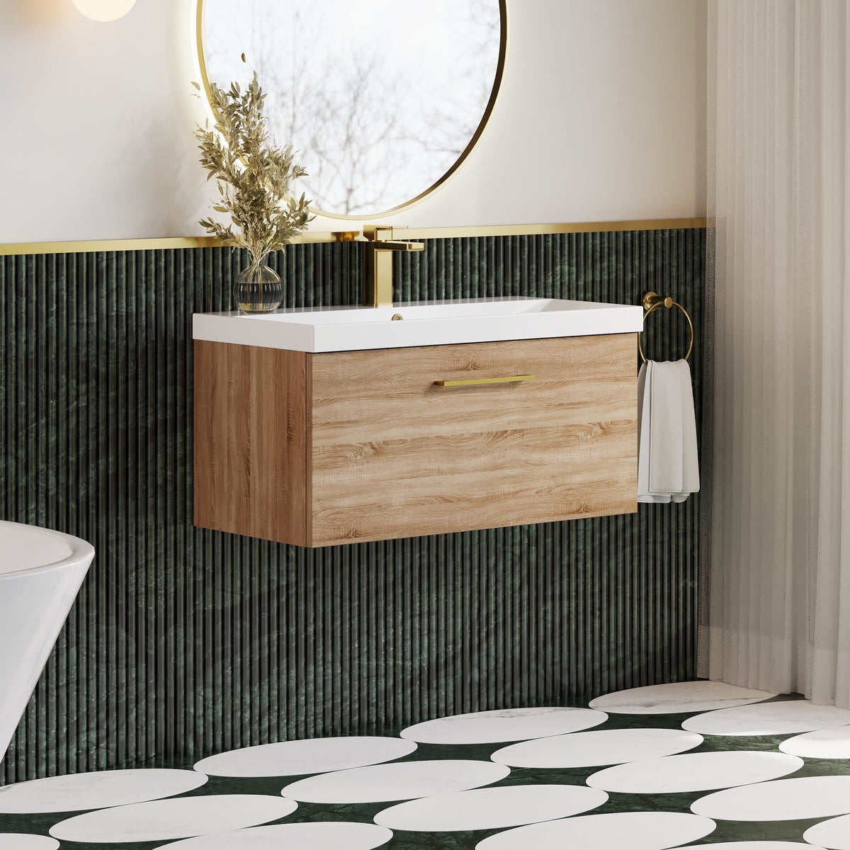 Modern Splash 800mm 1 Drawer Bleached Oak Wall Hung Vanity Unit With Thin Edge Basin