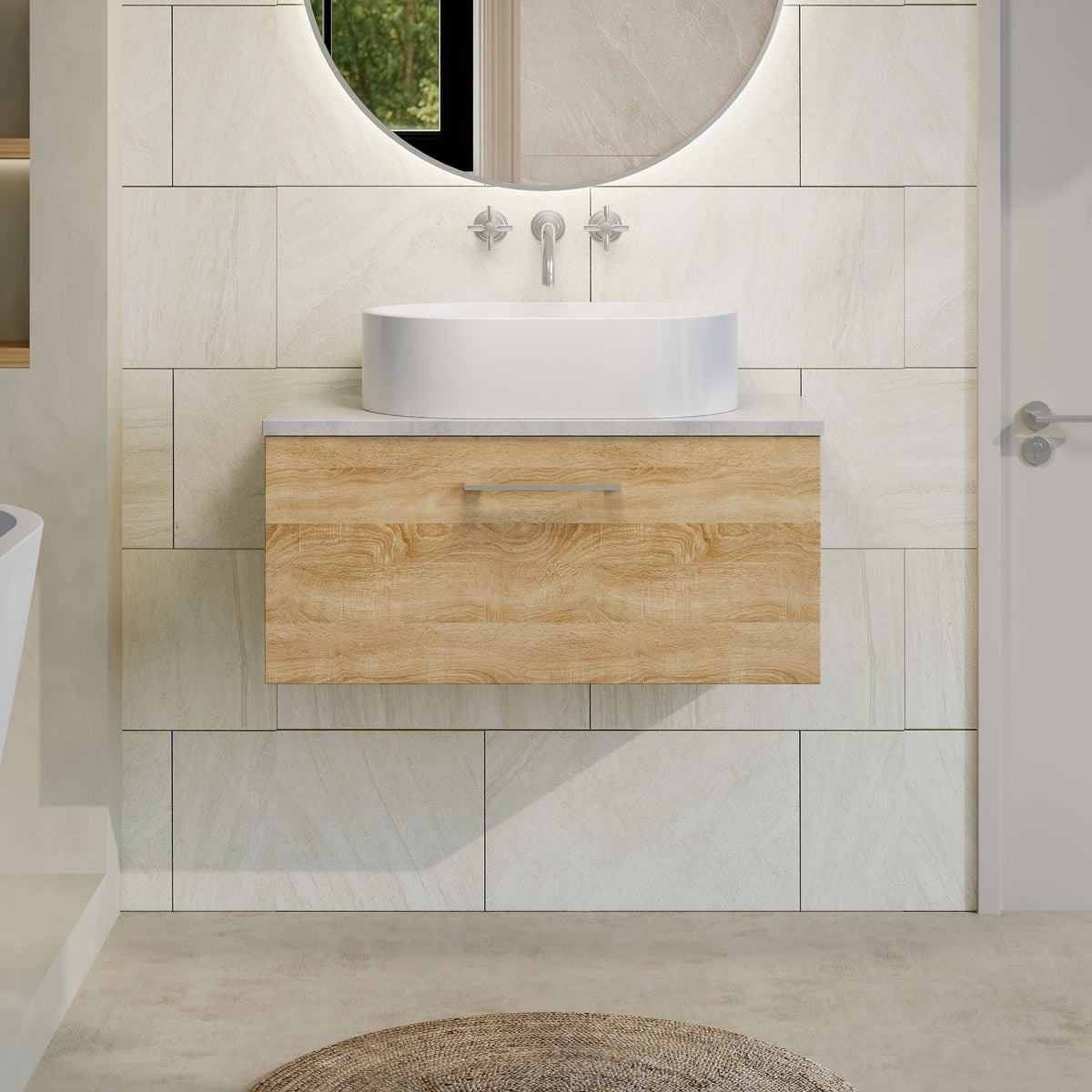 Modern Splash 800mm Bleached Oak 1 Drawer Wall Hung Vanity Unit With Bellato Grey Worktop