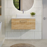 Modern Splash 800mm Bleached Oak 1 Drawer Wall Hung Vanity Unit With Carrara Laminate Worktop