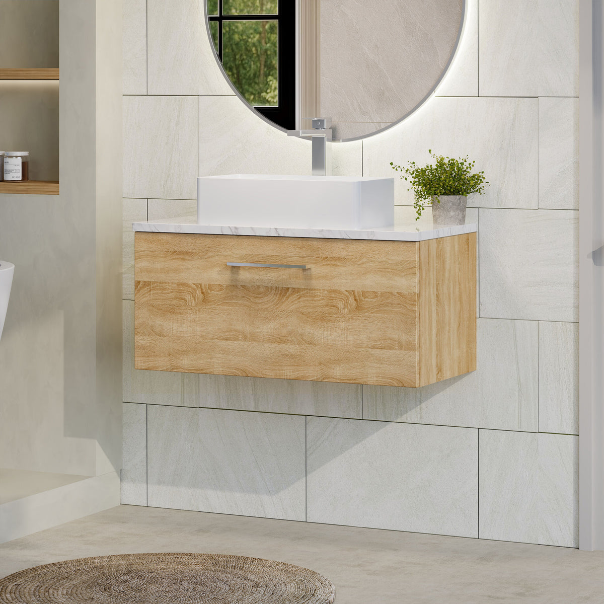Modern Splash 800mm Bleached Oak 1 Drawer Wall Hung Vanity Unit With Carrara Laminate Worktop