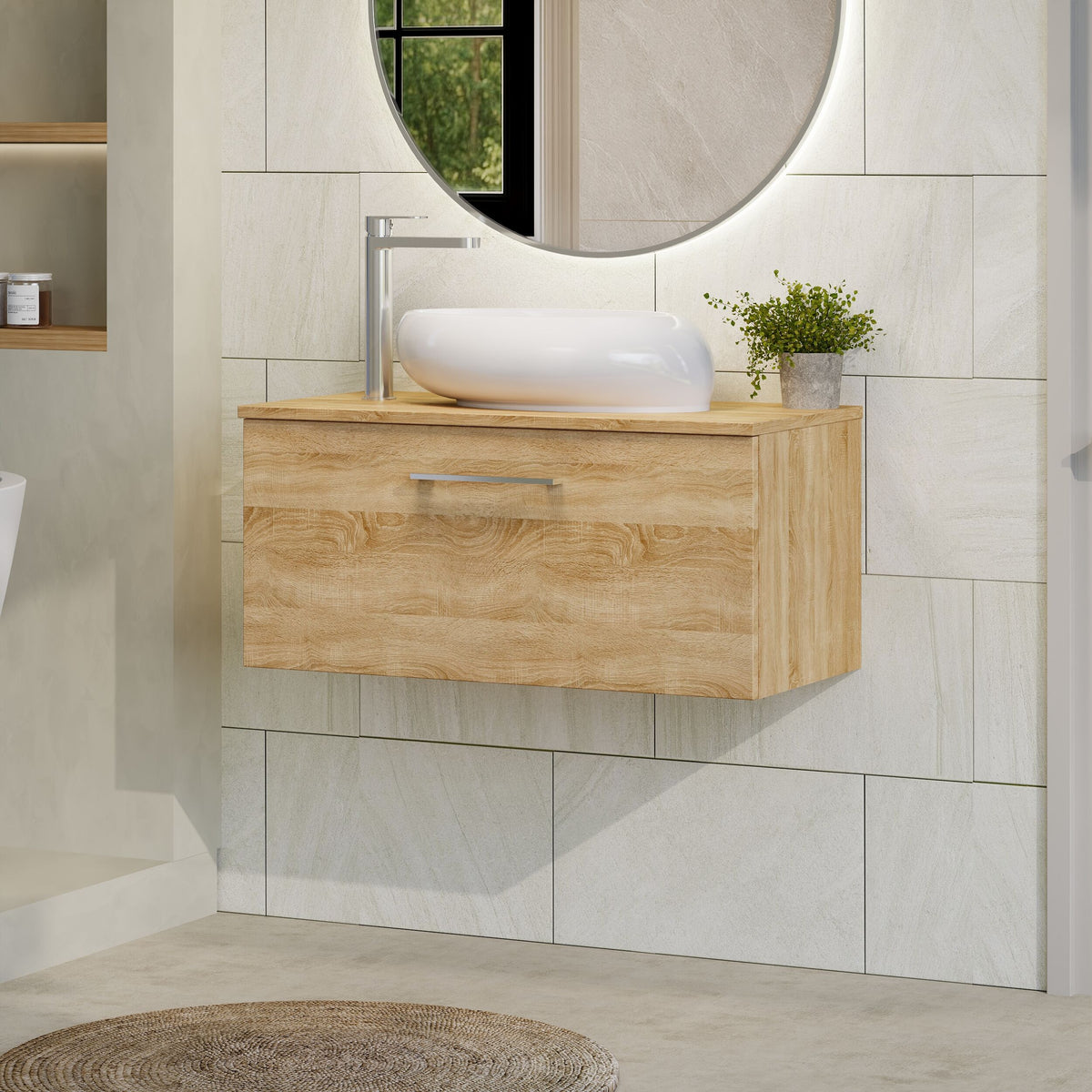 Modern Splash 800mm Bleached Oak 1 Drawer Wall Hung Vanity Unit With Co-ordinating Worktop