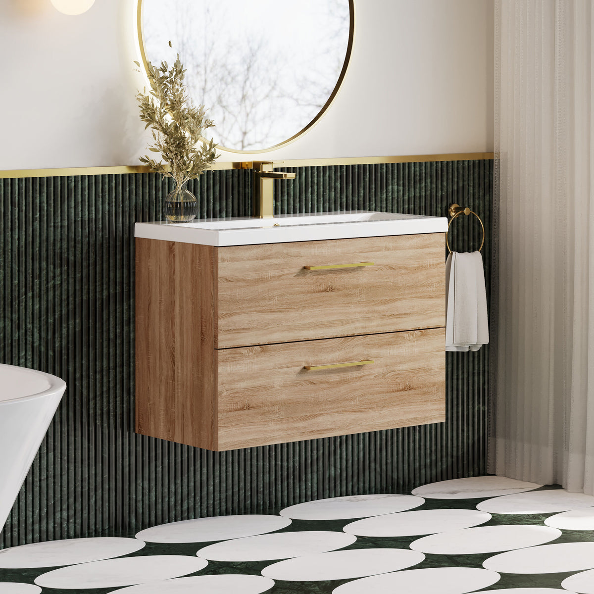 Modern Splash 800mm Bleached Oak 2 Drawer Wall Hung Vanity Unit With Mid-Edge Basin