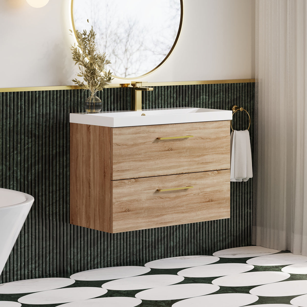 Modern Splash 800mm Bleached Oak 2 Drawer Wall Hung Vanity Unit With Thin Edge Basin