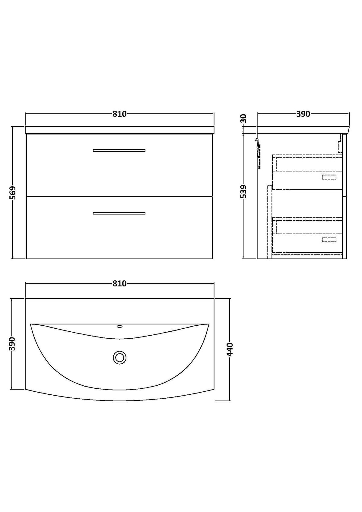 Modern Splash 800mm Bleached Oak 2 Drawer Wall Hung Vanity Unit With Curved Basin