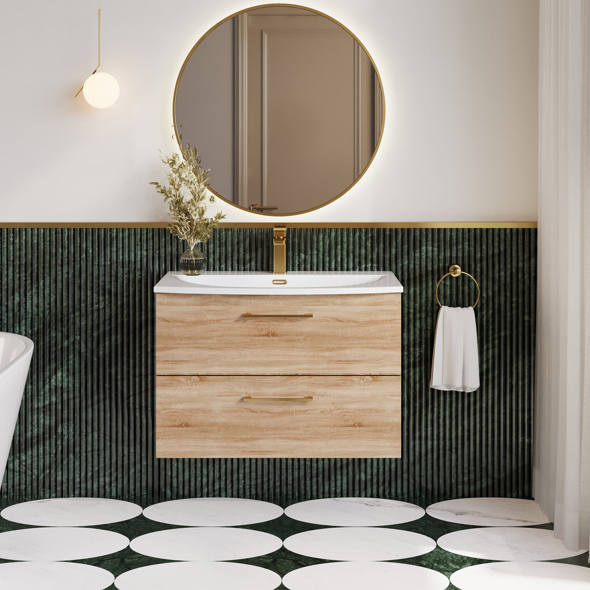 Modern Splash 800mm Bleached Oak 2 Drawer Wall Hung Vanity Unit With Curved Basin