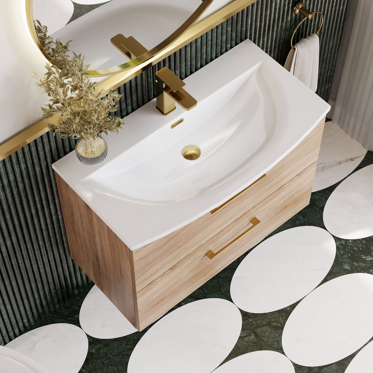 Modern Splash 800mm Bleached Oak 2 Drawer Wall Hung Vanity Unit With Curved Basin