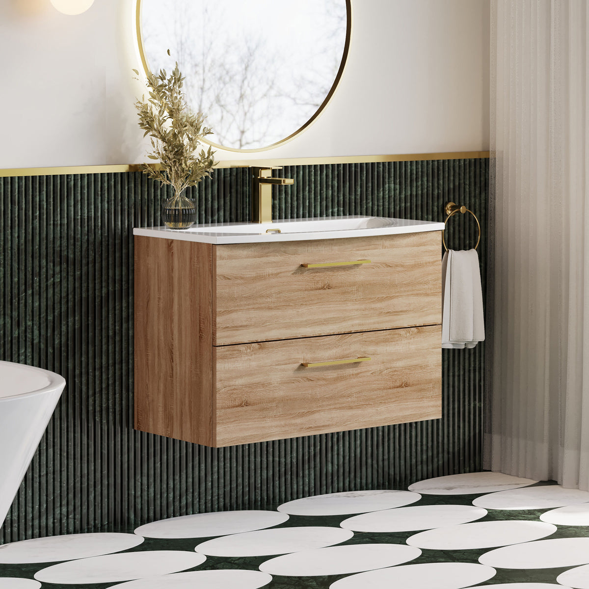 Modern Splash 800mm Bleached Oak 2 Drawer Wall Hung Vanity Unit With Curved Basin