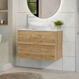 Modern Splash 800mm Bleached Oak 2 Drawer Wall Hung Vanity Unit With Carrara Laminate Worktop