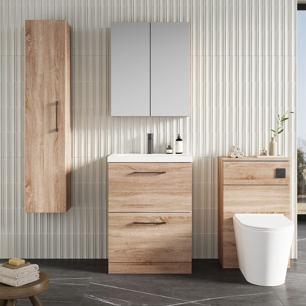 Modern Splash 600mm Bleached Oak 2 Drawer Floor Standing Vanity Unit With Mid-Edge Basin