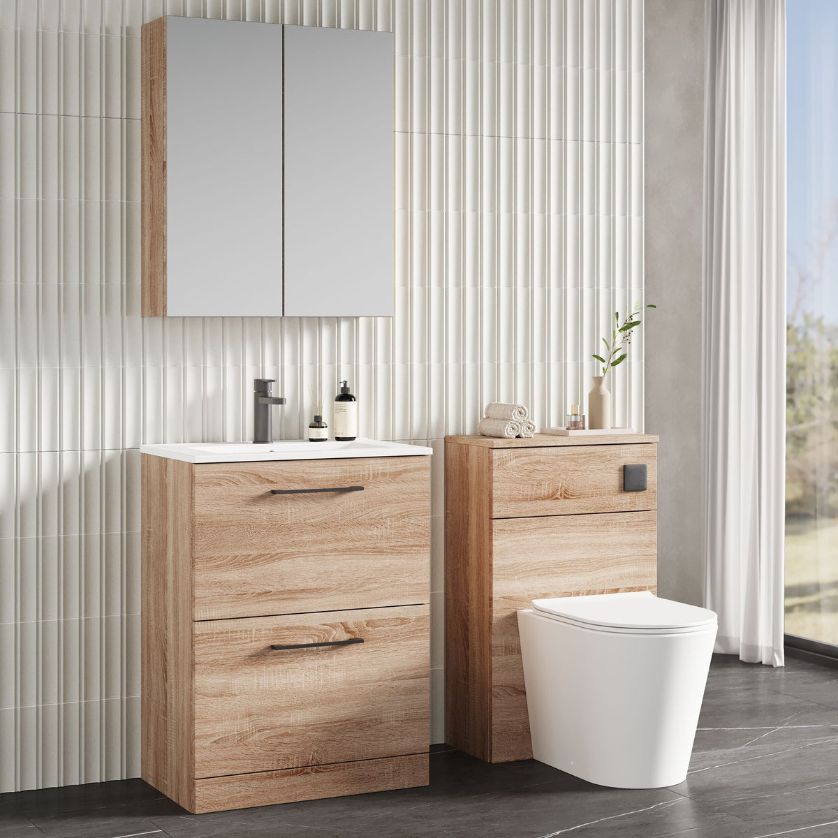 Modern Splash 600mm Bleached Oak 2 Drawer Floor Standing Vanity Unit With Minimalist Basin