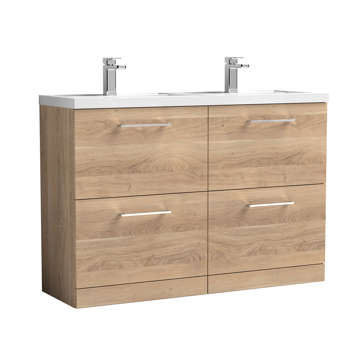 Modern Splash 1200mm Bleached Oak 4 Drawer Floor Standing Vanity Unit With 2 Tap Hole Polymarble basin