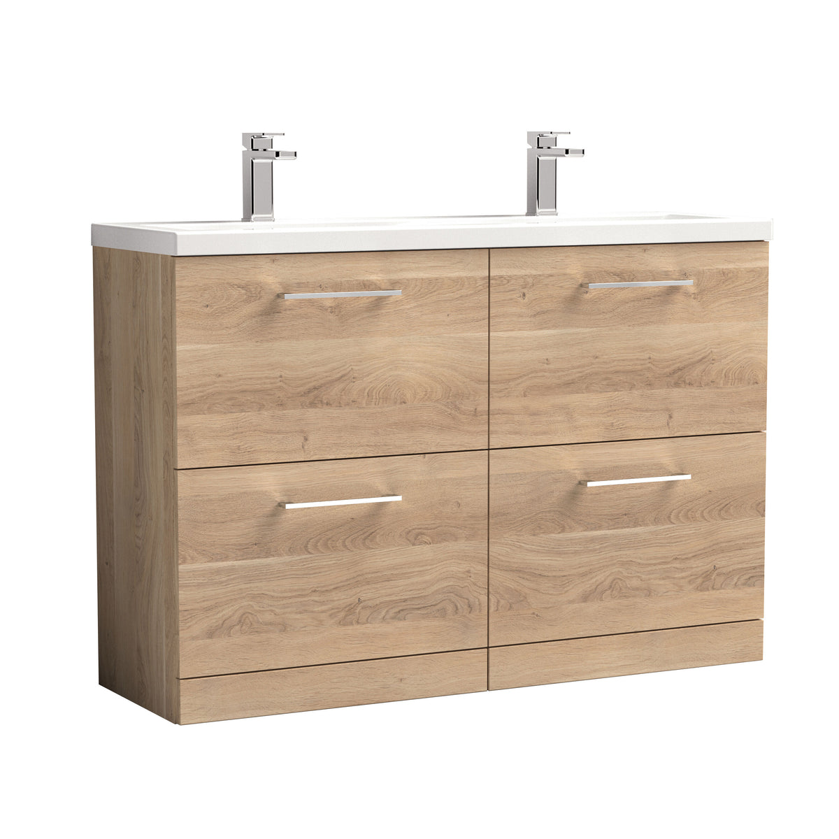 Modern Splash 1200mm Bleached Oak 4 Drawer Floor Standing Vanity Unit With 2 Tap Hole Ceramic Basin