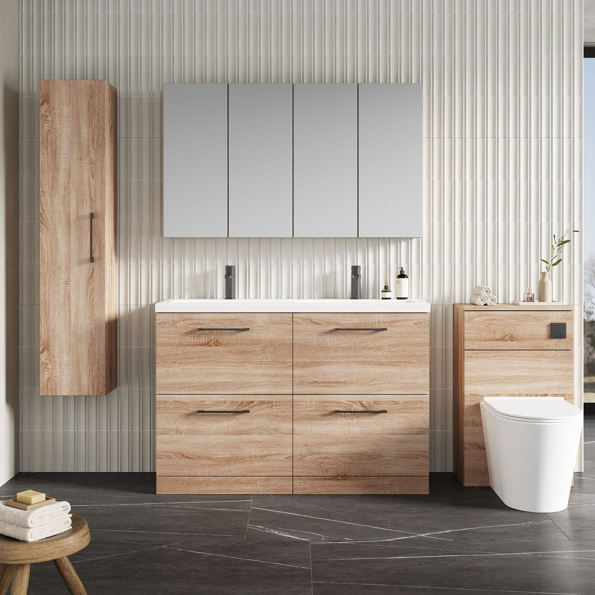 Modern Splash 1200mm Bleached Oak 4 Drawer Floor Standing Vanity Unit With 2 Tap Hole Ceramic Basin
