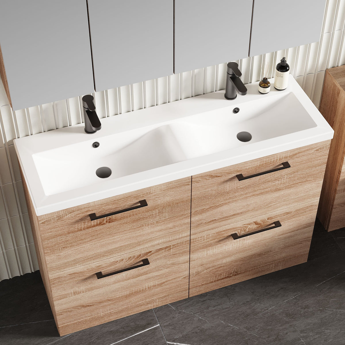 Modern Splash 1200mm Bleached Oak 4 Drawer Floor Standing Vanity Unit With 2 Tap Hole Ceramic Basin