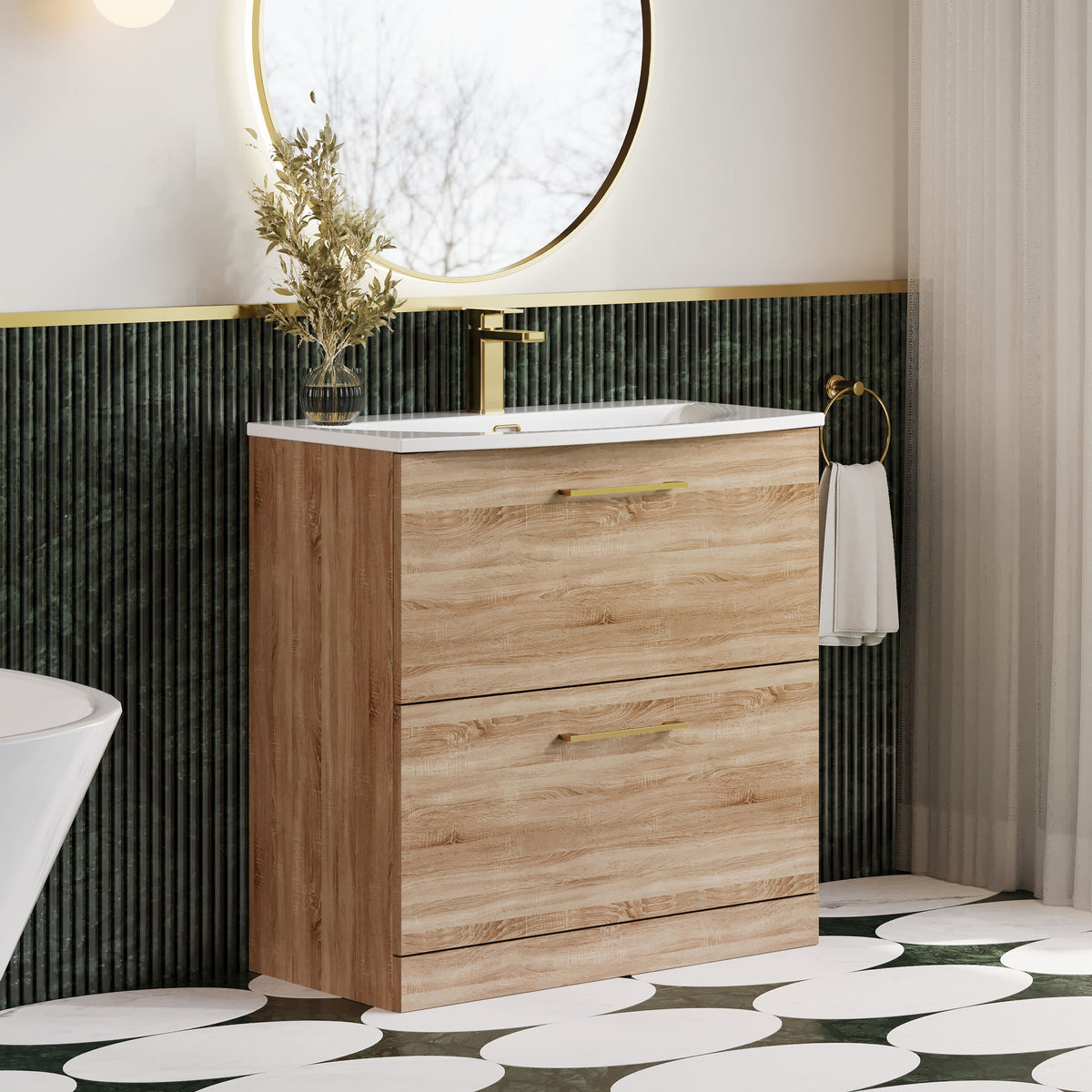Modern Splash 800mm Bleached Oak 2 Drawer Floor Standing Vanity Unit With Curved Basin
