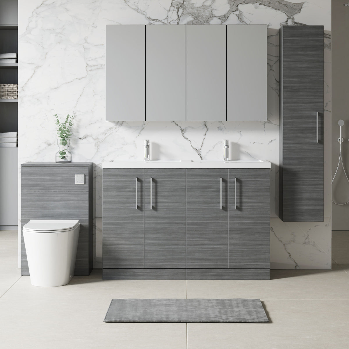 Modern Splash 1200mm Anthracite Woodgrain 4 Door Floor Standing Vanity Unit With 2 Tap Hole Polymarble basin