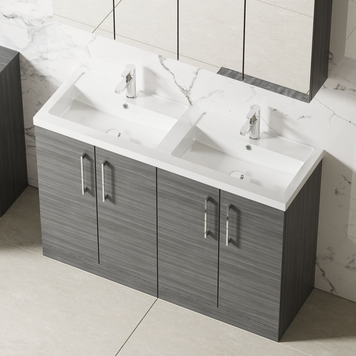 Modern Splash 1200mm Anthracite Woodgrain 4 Door Floor Standing Vanity Unit With 2 Tap Hole Polymarble basin